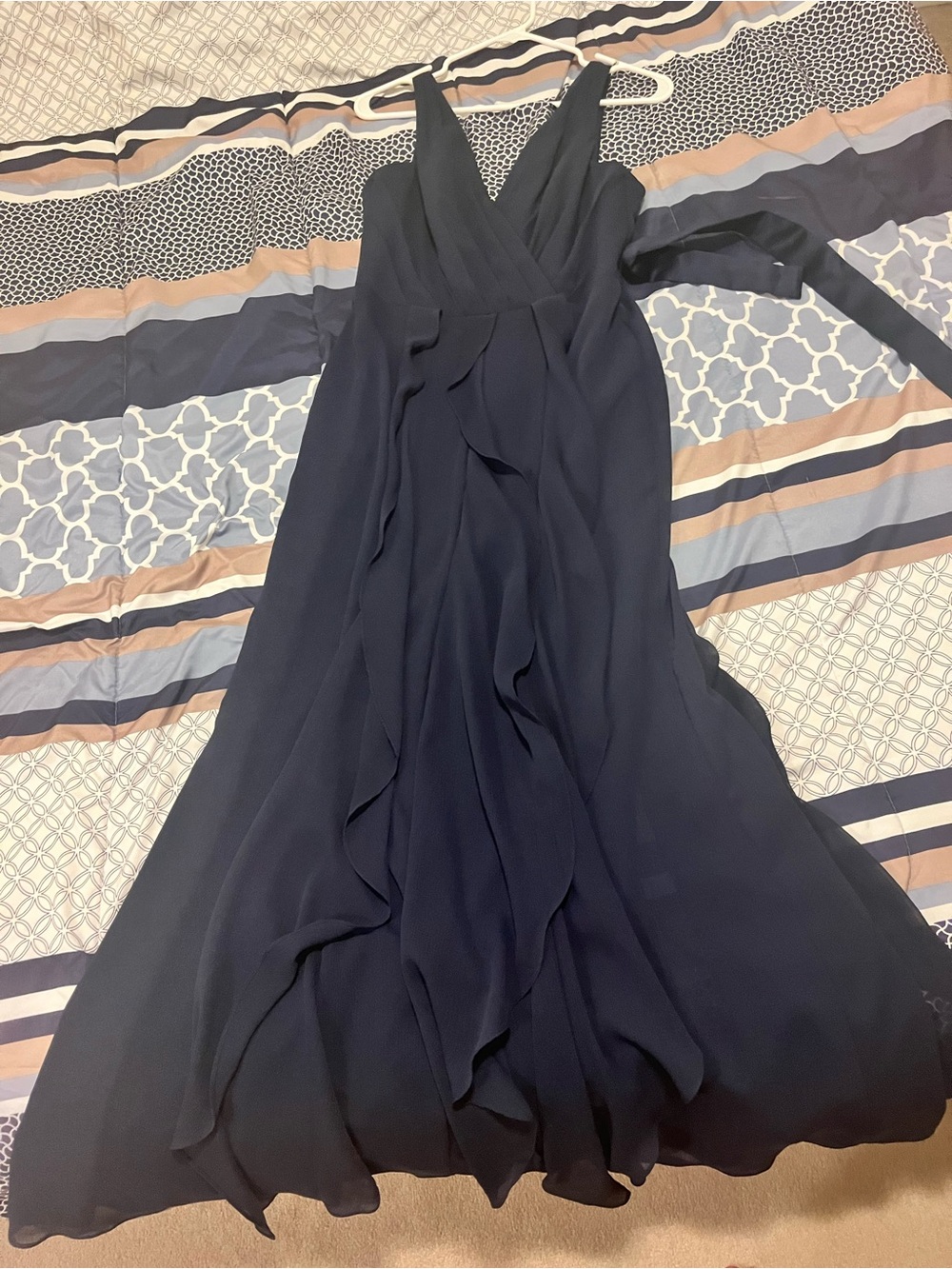 White by Vera Wang Navy Ruffle Chiffon Maxi Dress